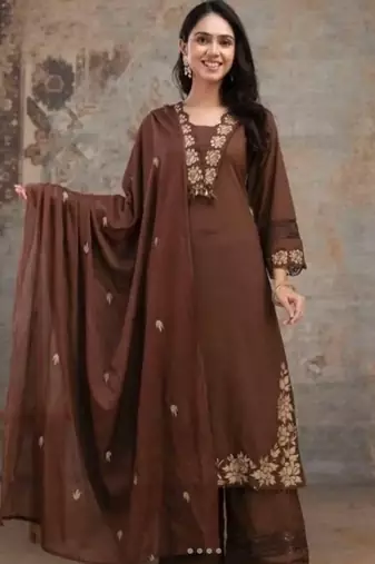 Beautiful jaipuri  choclate brown anarkali kurta set with a printed dupatta