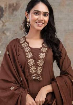 Beautiful jaipuri  choclate brown anarkali kurta set with a printed dupatta 2
