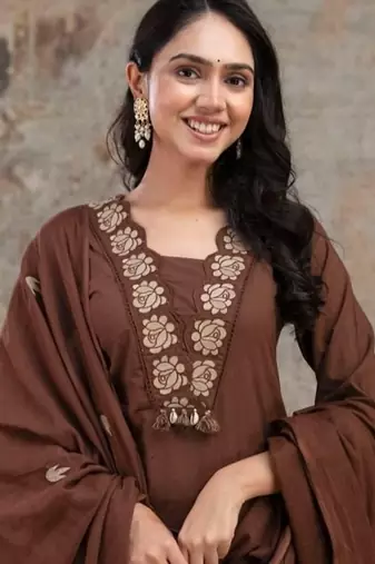 Beautiful jaipuri  choclate brown anarkali kurta set with a printed dupatta