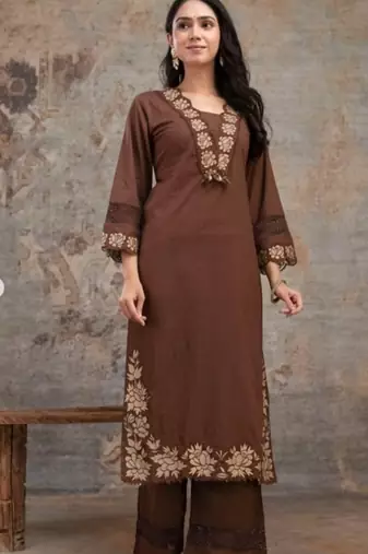 Beautiful jaipuri  choclate brown anarkali kurta set with a printed dupatta