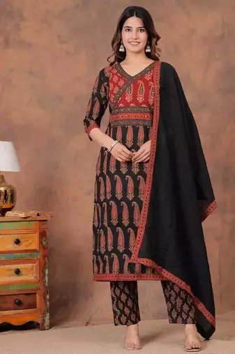 black and red paisley printed kurti set with a dupatta.