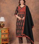black and red paisley printed kurti set with a dupatta.