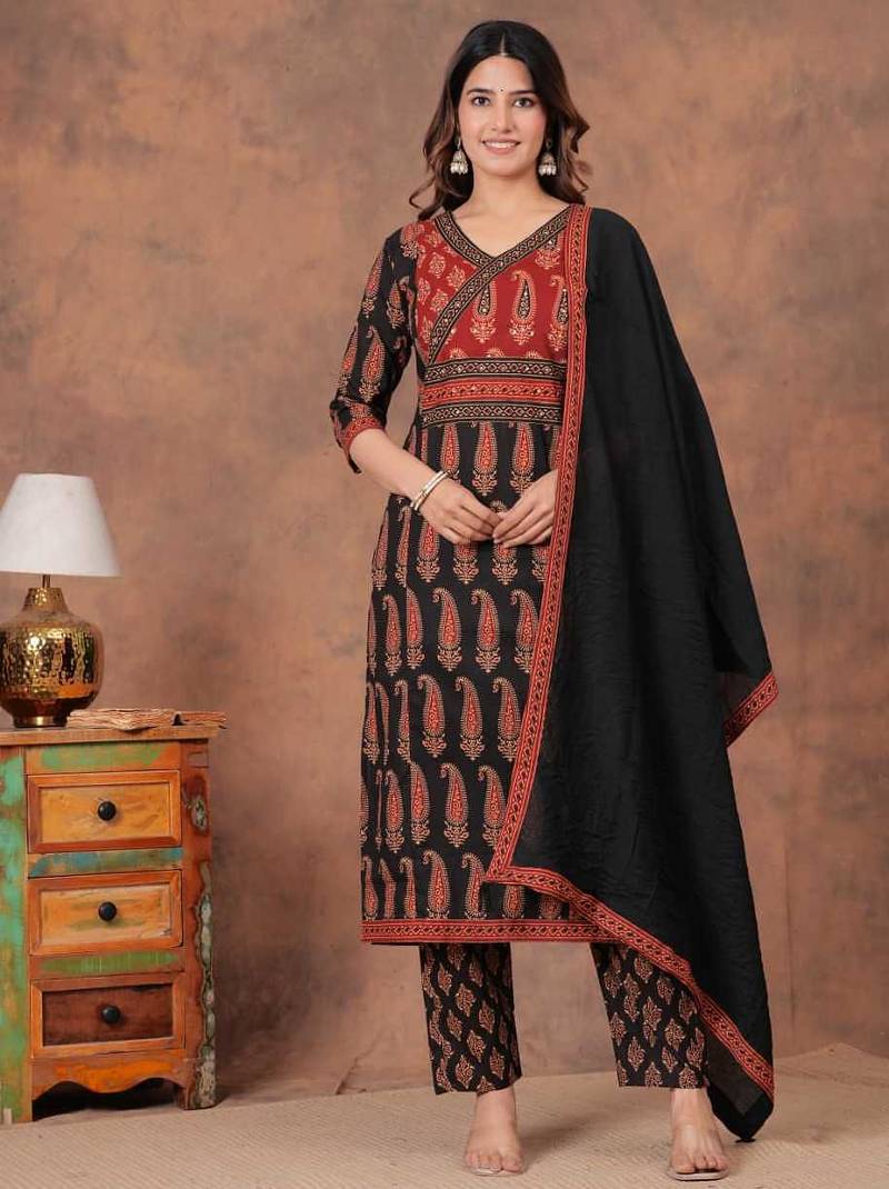 black and red paisley printed kurti set with a dupatta.