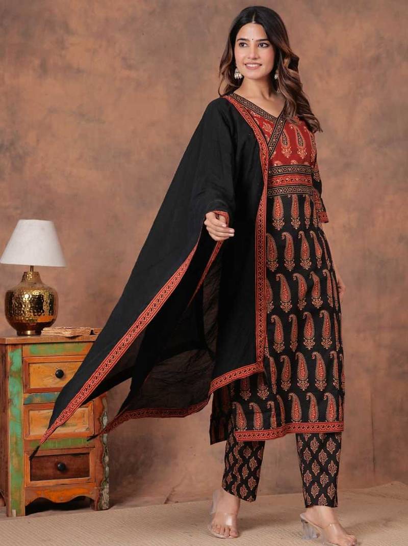 black and red paisley printed kurti set with a dupatta.