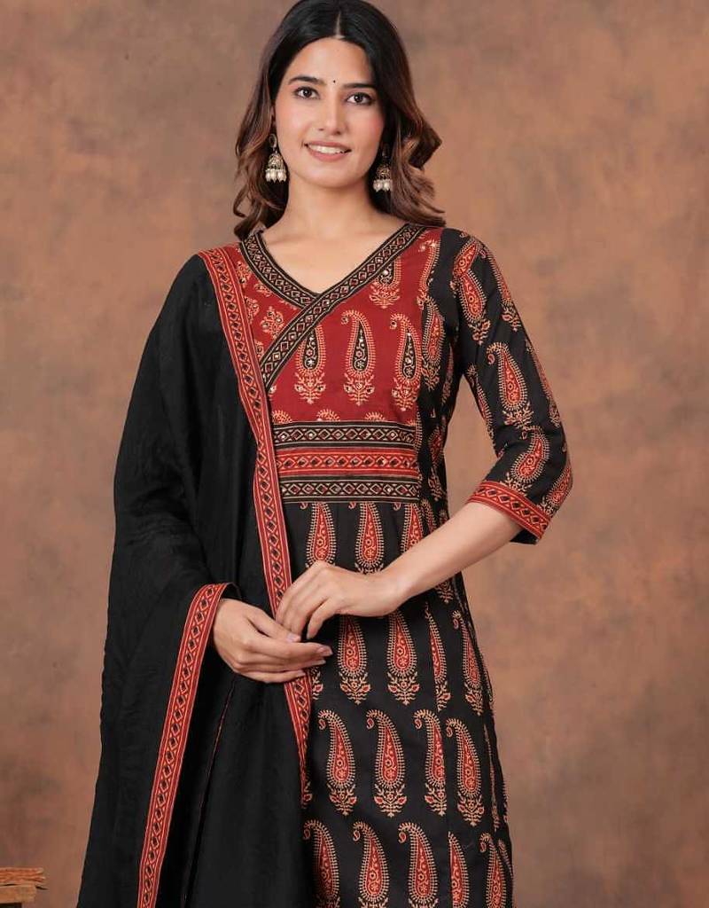 black and red paisley printed kurti set with a dupatta.