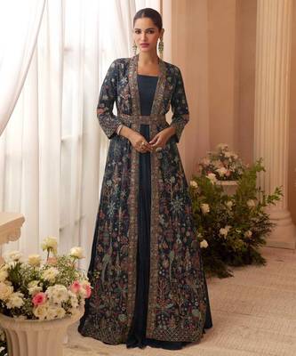 Navy blue chinon silk anarkali jacket suit with heavy zari thread and sequins work free-size stitched. 1