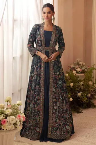 Navy blue chinon silk anarkali jacket suit with heavy zari, thread and sequins work, free-size stitched.