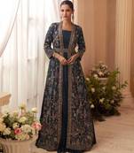 Navy blue chinon silk anarkali jacket suit with heavy zari thread and sequins work free-size stitched.