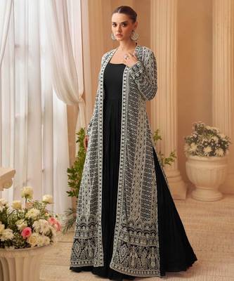 Black chinon silk anarkali jacket suit with heavy zari thread and sequins work free-size stitched. 1