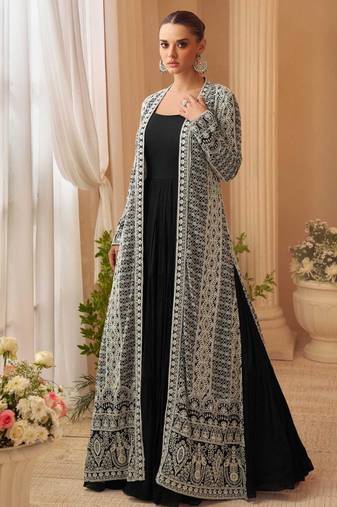 Black chinon silk anarkali jacket suit with heavy zari, thread and sequins work, free-size stitched.