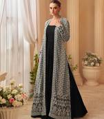 Black chinon silk anarkali jacket suit with heavy zari thread and sequins work free-size stitched.