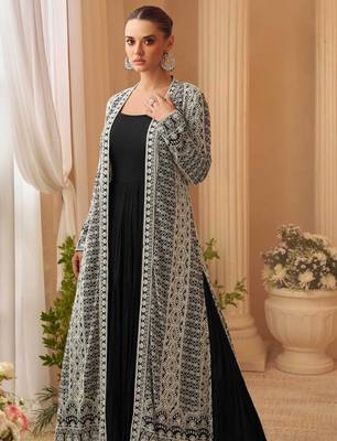 Black chinon silk anarkali jacket suit with heavy zari thread and sequins work free-size stitched. 2