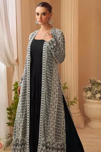 Black chinon silk anarkali jacket suit with heavy zari thread and sequins work free-size stitched.