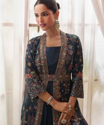 Navy blue chinon silk anarkali jacket suit with heavy zari thread and sequins work free-size stitched. 2