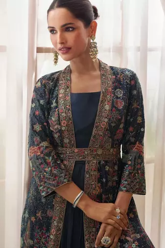 Navy blue chinon silk anarkali jacket suit with heavy zari thread and sequins work free-size stitched.