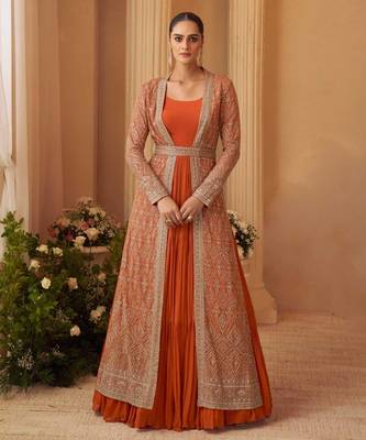Rust orange chinon silk anarkali jacket suit with heavy zari thread and sequins work free-size stitched. 1