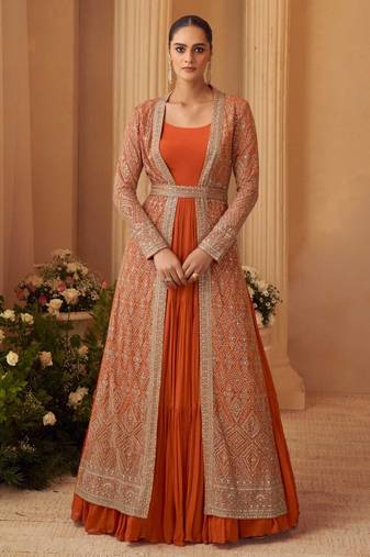 Rust orange chinon silk anarkali jacket suit with heavy zari, thread and sequins work, free-size stitched.