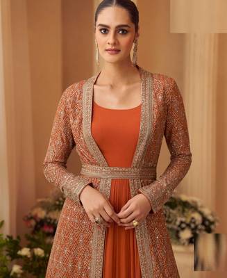 Rust orange chinon silk anarkali jacket suit with heavy zari thread and sequins work free-size stitched. 2