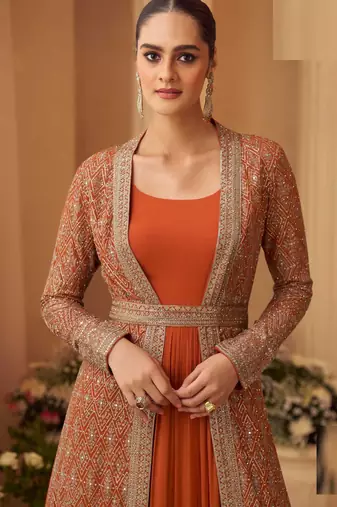 Rust orange chinon silk anarkali jacket suit with heavy zari thread and sequins work free-size stitched.