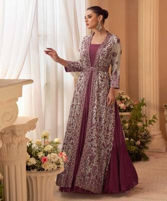 Wine chinon silk anarkali jacket suit with heavy zari thread and sequins work free-size stitched. 1