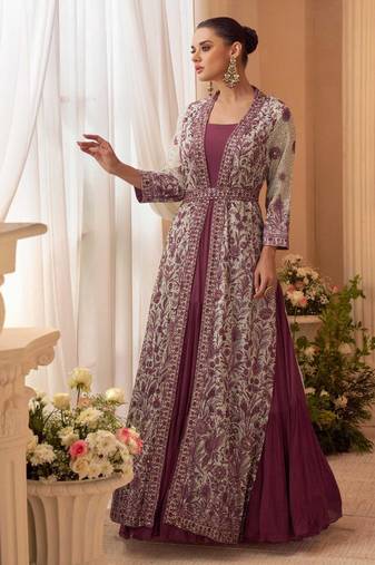 Wine chinon silk anarkali jacket suit with heavy zari thread and sequins work free-size stitched.