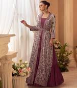 Wine chinon silk anarkali jacket suit with heavy zari thread and sequins work free-size stitched.