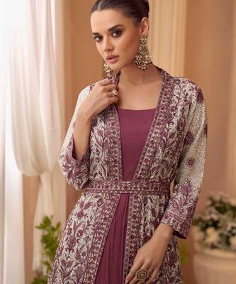 Wine chinon silk anarkali jacket suit with heavy zari thread and sequins work free-size stitched. 2