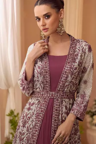 Wine chinon silk anarkali jacket suit with heavy zari thread and sequins work free-size stitched.