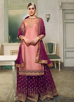Pink satin silk palazzo suit with embroidery zari and diamond work free-size stitched. 1