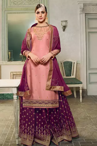 Pink satin silk palazzo suit with embroidery zari and diamond work free-size stitched.