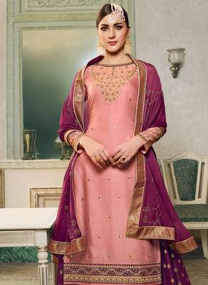 Pink satin silk palazzo suit with embroidery zari and diamond work free-size stitched. 2
