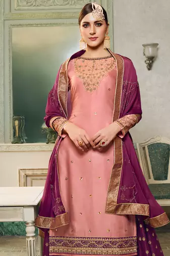 Pink satin silk palazzo suit with embroidery zari and diamond work free-size stitched.