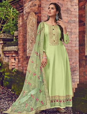 Green embroidery zari art silk anarkali churidar suit- free size stitched(size upto 42") 1