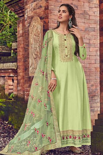 Green embroidery,zari  art silk anarkali churidar suit- free size stitched(size upto 42")