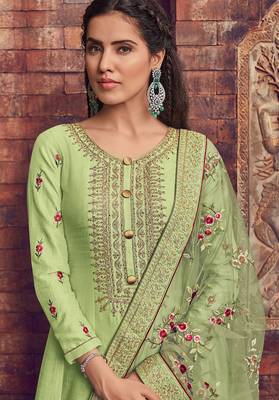Green embroidery zari art silk anarkali churidar suit- free size stitched(size upto 42") 2