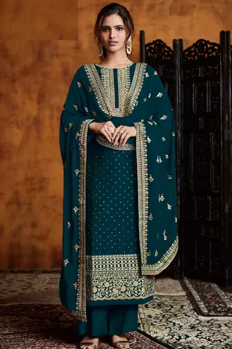 Teal green georgette palazzo suit with embroidery and sequins work free-size stitched.