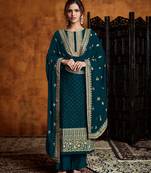 Teal green georgette palazzo suit with embroidery and sequins work free-size stitched.
