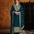 Teal green georgette palazzo suit with embroidery and sequins work, free-size stitched.