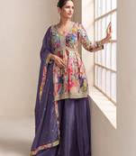 Multi-color chinon silk straight top palazzo suit with zari stone sequin and print work free-size stitched.