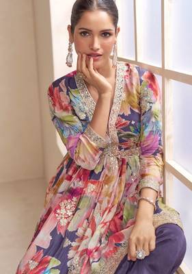 Multi-color chinon silk straight top palazzo suit with zari stone sequin and print work free-size stitched. 2