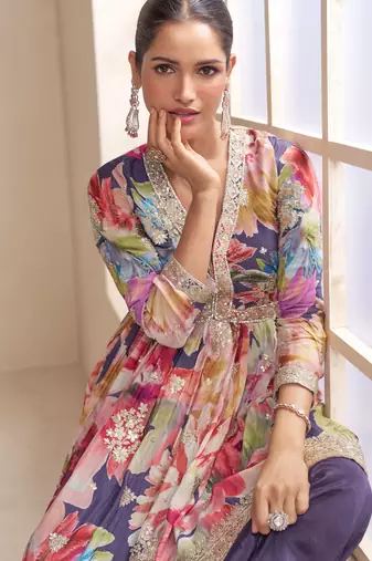 Multi-color chinon silk straight top palazzo suit with zari stone sequin and print work free-size stitched.