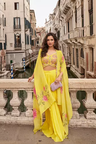 Yellow chinon silk blouse palazzo suit with embroidered mirror hand and sequin work free-size stitched.