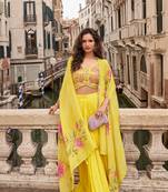 Yellow chinon silk blouse palazzo suit with embroidered mirror hand and sequin work free-size stitched.