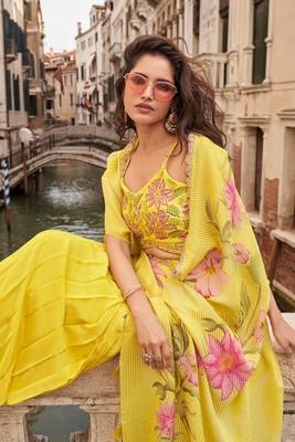 Yellow chinon silk blouse palazzo suit with embroidered mirror hand and sequin work free-size stitched. 2