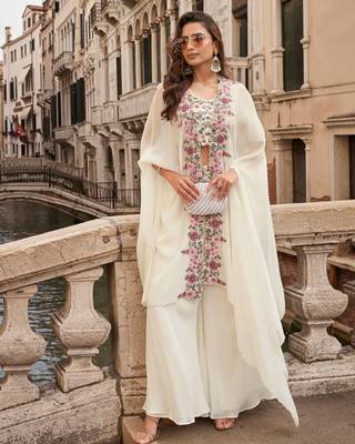 white embroidered embellished sequince chinon silk blouse palazzo suit- free size stitched(size upto 42") 1