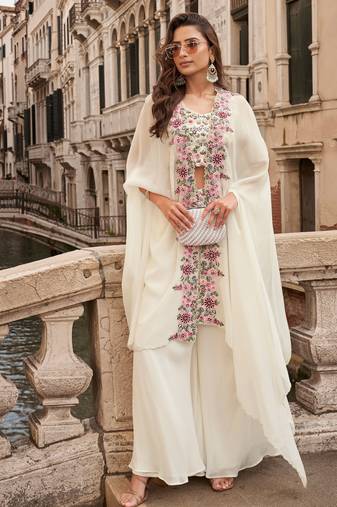 white embroidered embellished sequince chinon silk blouse   palazzo suit- free size stitched(size upto 42")