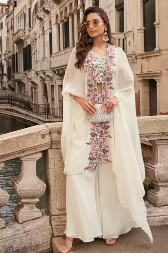 white embroidered embellished sequince chinon silk blouse palazzo suit- free size stitched(size upto 42")
