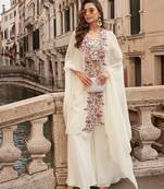 white embroidered embellished sequince chinon silk blouse palazzo suit- free size stitched(size upto 42")