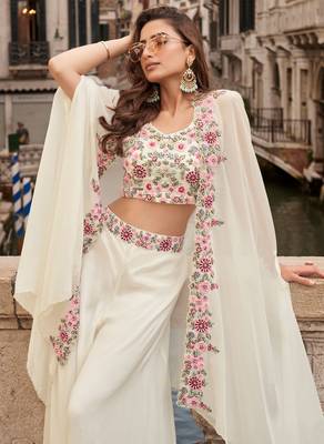 white embroidered embellished sequince chinon silk blouse palazzo suit- free size stitched(size upto 42") 2