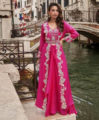 Rani pink chinon blouse palazzo suit with embroidered embellished mirror and sequin work free-size stitched. 1
